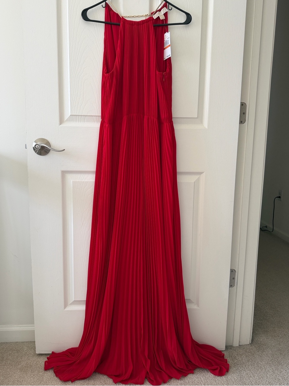 MICHAEL Michael Kors Red Pleated Halter Maxi Dress with Gold Chain